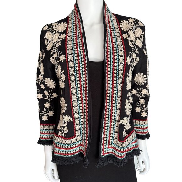 Vipul Shah Hand-Embroidered Black Open-Front Jacket With Floral Ivory Threadwork - Picture 1 of 8